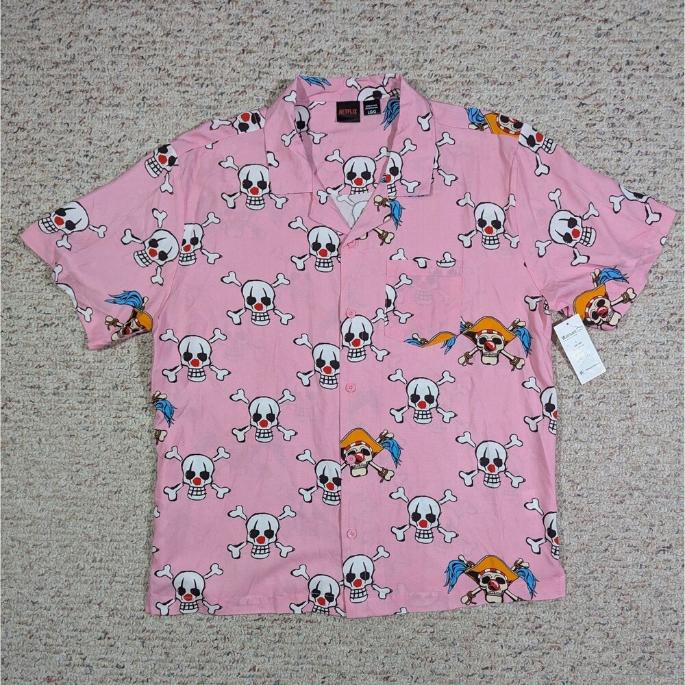 Netflix One Piece Shirt Button Up Mens L Pink Rayon Buggy Skull AOP Camp